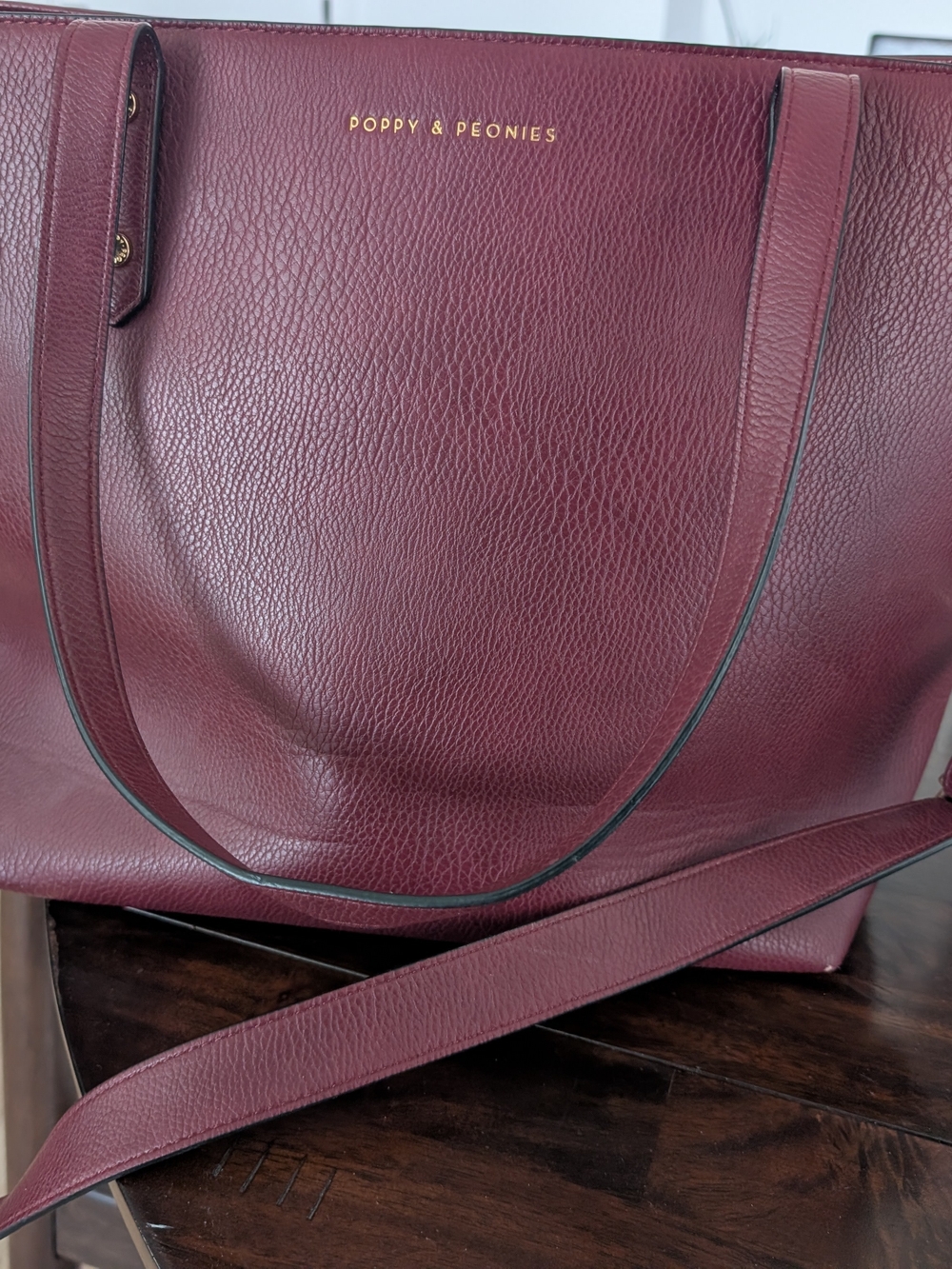 Poppy & Peonies Burgundy Leather Tote Bag